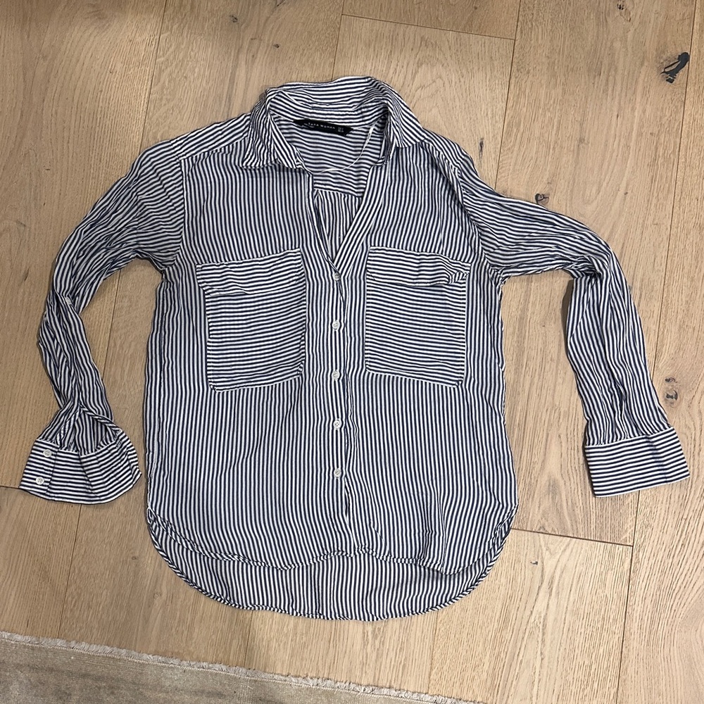 Zara Navy and White Vertical Stripe Button-Down Shirt